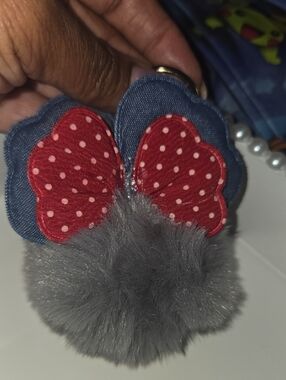 NEW...Red Polka Dot Bow Keychain with Gray Fur Pom - Unbranded